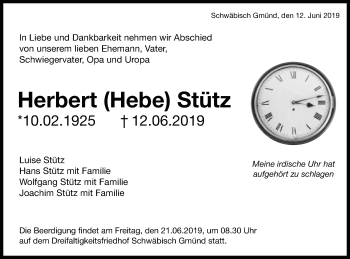 Traueranzeige von Herbert Stütz von Gmünder Tagespost
