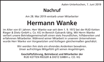 Traueranzeige von Hermann Wanke von Schwäbische Post