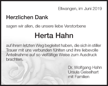 Traueranzeige von Herta Hahn von Schwäbische Post