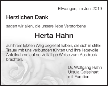 Traueranzeige von Herta Hahn