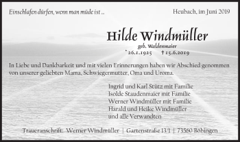 Traueranzeige von Hilde Windmüffer von Gmünder Tagespost