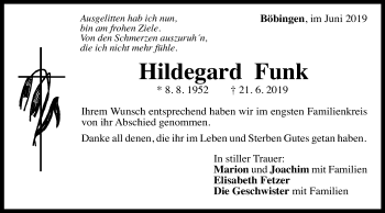Traueranzeige von Hildegard Funk von Gmünder Tagespost
