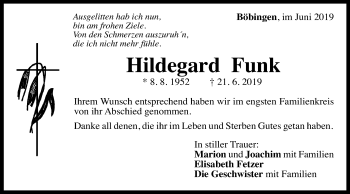 Traueranzeige von Hildegard Funk