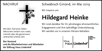Traueranzeige von Hildegard Heinke von Schwäbische Post