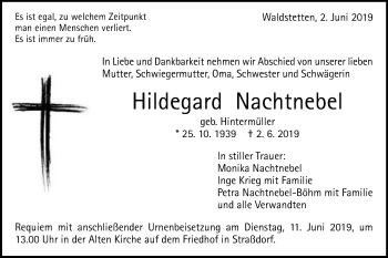 Traueranzeige von Hildegard Nachtnebel von Gmünder Tagespost