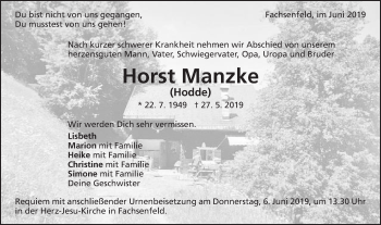Traueranzeige von Horst Manzke von Schwäbische Post