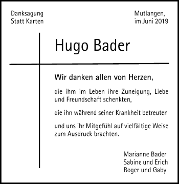 Traueranzeige von Hugo Bader von Gmünder Tagespost