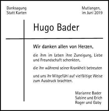 Traueranzeige von Hugo Bader