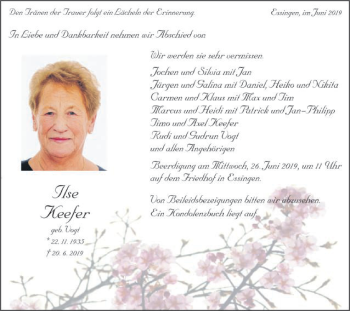 Traueranzeige von Ilse Keefer von Schwäbische Post