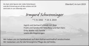 Traueranzeige von Irmgard Schwenninger von Schwäbische Post