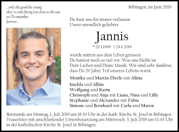 Traueranzeige von Jannis  von Gmünder Tagespost