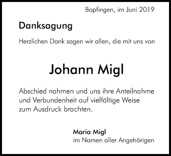 Traueranzeige von Johann Migl von Schwäbische Post