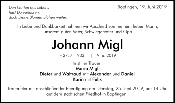 Traueranzeige von Johann Migl von Schwäbische Post