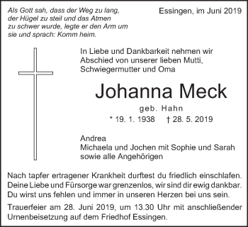 Traueranzeige von Johanna Meck von Schwäbische Post