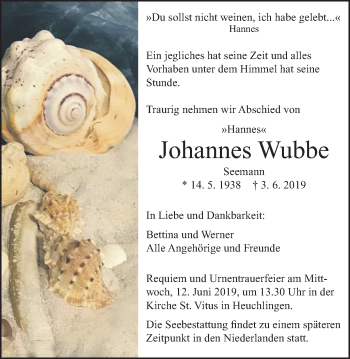 Traueranzeige von Johannes Wubbe von Gmünder Tagespost