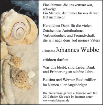 Traueranzeige von Johannes Wubbe von Gmünder Tagespost