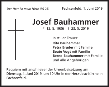 Traueranzeige von Josef Bauhammer von Schwäbische Post