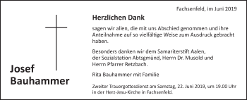 Traueranzeige von Josef Bauhammer von Schwäbische Post