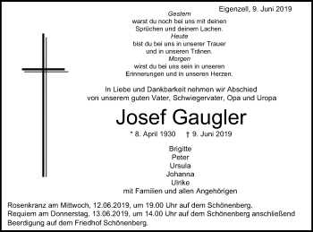Traueranzeige von Josef Gaugler von Schwäbische Post