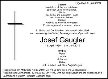 Traueranzeige von Josef Gaugler