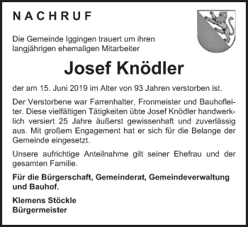 Traueranzeige von Josef Knödler von Gmünder Tagespost