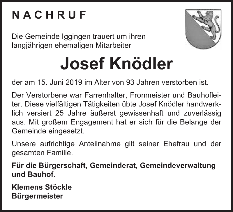  Traueranzeige für Josef Knödler vom 22.06.2019 aus Gmünder Tagespost