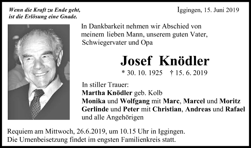  Traueranzeige für Josef Knödler vom 22.06.2019 aus Gmünder Tagespost