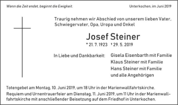 Traueranzeige von Josef Steiner von Schwäbische Post