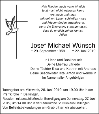 Traueranzeige von Josef Michael Wünsch von Schwäbische Post