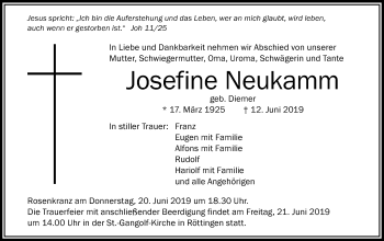 Traueranzeige von Josefine Neukamm von Schwäbische Post