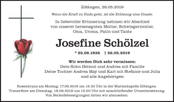 Traueranzeige von Josefine Schölzel von Schwäbische Post