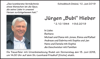 Traueranzeige von Jürgen  Hieber von Gmünder Tagespost