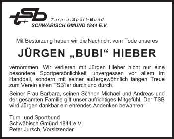 Traueranzeige von Jürgen  Hieber von Gmünder Tagespost
