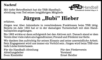 Traueranzeige von Jürgen  Hieber von Gmünder Tagespost