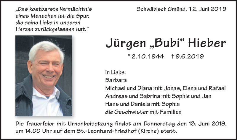  Traueranzeige für Jürgen  Hieber vom 12.06.2019 aus Gmünder Tagespost