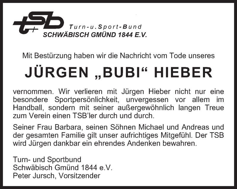 Traueranzeige für Jürgen  Hieber vom 13.06.2019 aus Gmünder Tagespost