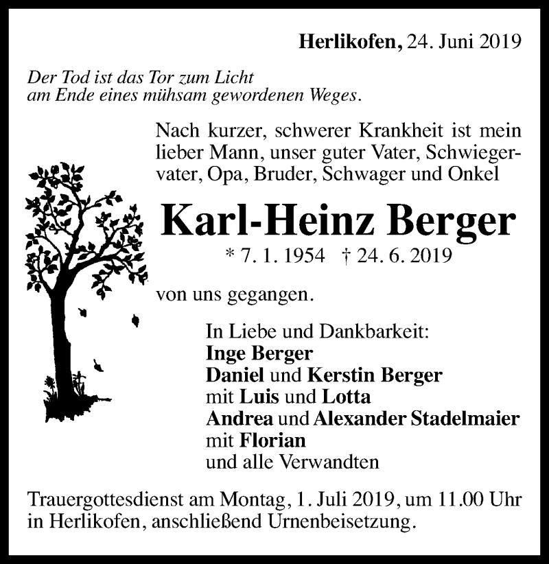  Traueranzeige für Karl-Heinz Berger vom 26.06.2019 aus Gmünder Tagespost