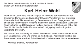 Traueranzeige von Karl-Heinz Wahl von Gmünder Tagespost