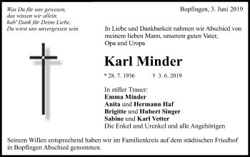 Traueranzeige von Karl Minder von Schwäbische Post