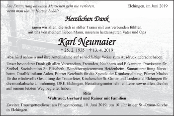 Traueranzeige von Karl Neumaier von Schwäbische Post