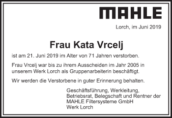 Traueranzeige von Kata Vrcelj von Gmünder Tagespost