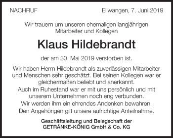 Traueranzeige von Klaus Hildebrandt von Schwäbische Post
