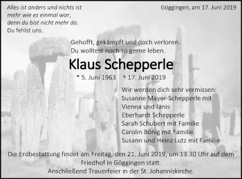 Traueranzeige von Klaus Schepperle von Gmünder Tagespost