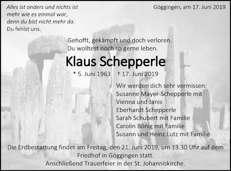  Traueranzeige für Klaus Schepperle vom 19.06.2019 aus Gmünder Tagespost