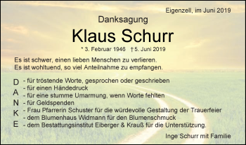 Traueranzeige von Klaus Schurr von Schwäbische Post