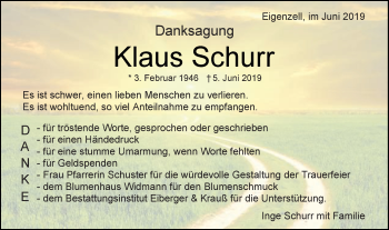 Traueranzeige von Klaus Schurr