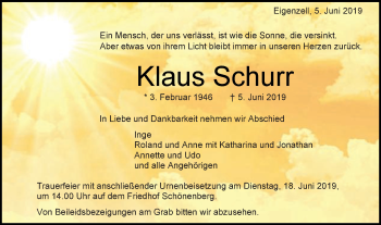 Traueranzeige von Klaus Schurr von Schwäbische Post