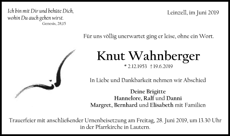  Traueranzeige für Knut Wahnberger vom 26.06.2019 aus Gmünder Tagespost