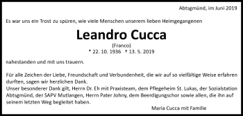Traueranzeige von Leandro Cucca von Kocher-Lein-Bote