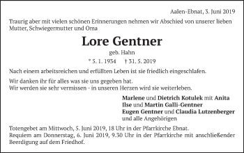 Traueranzeige von Lore Gentner von Schwäbische Post